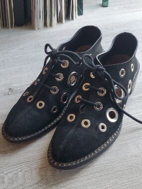 Proenza Schouler Black Suede Lace-Up Oxfords with Silver Eyelets